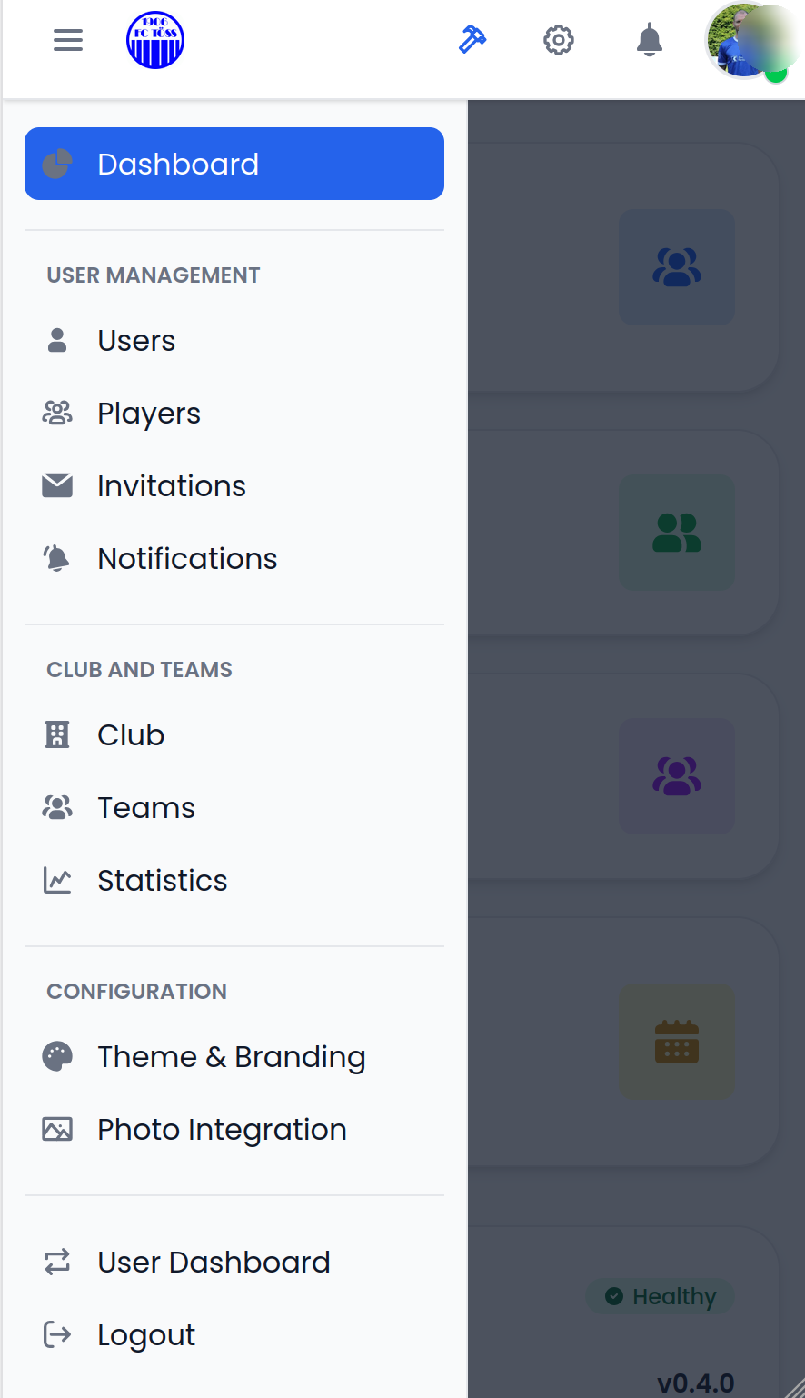 Admin dashboard with sidebar navigation for users, teams, theme, and photo integration
