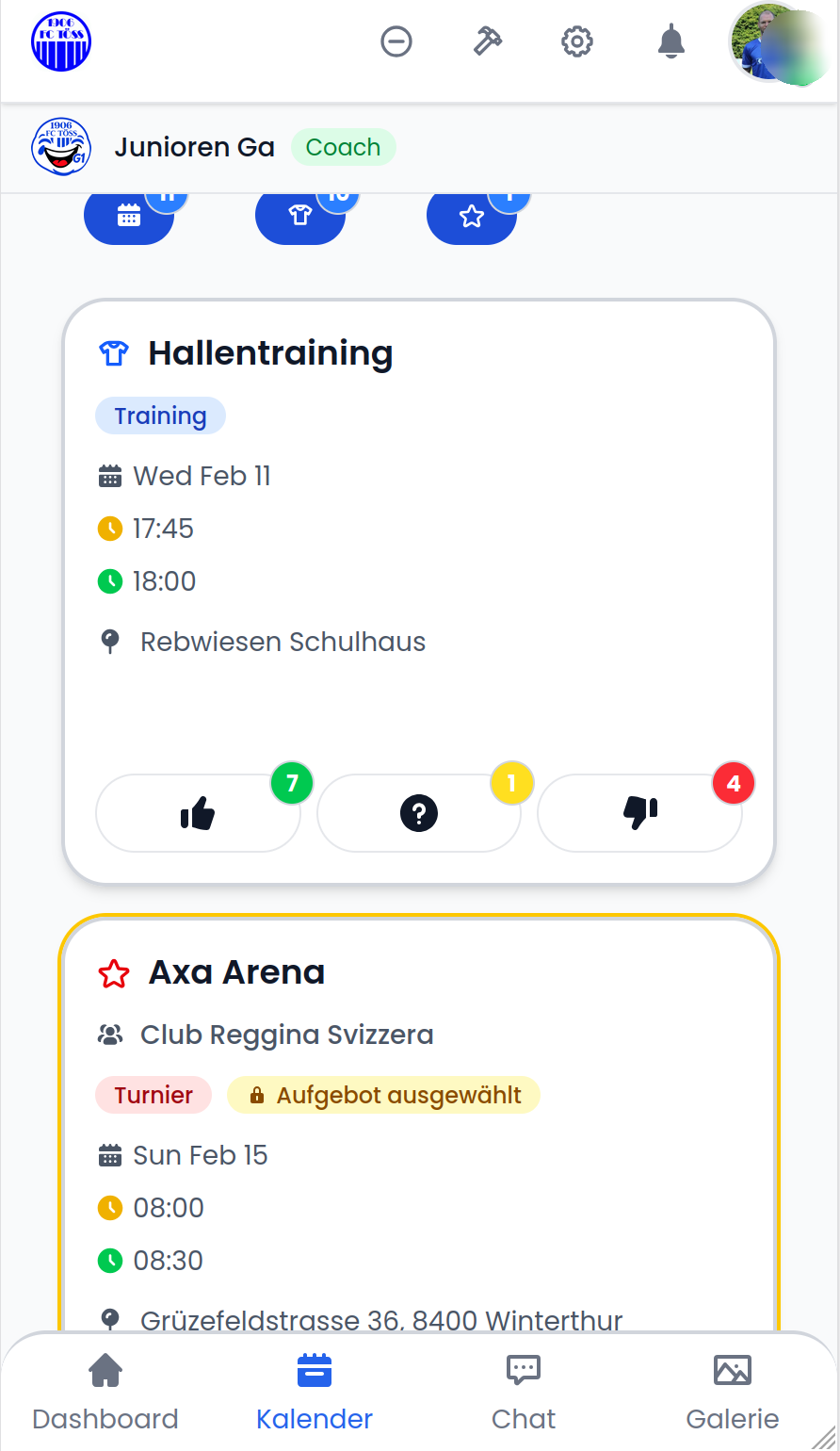 Team calendar with color-coded events, response counts, and squad selection badges