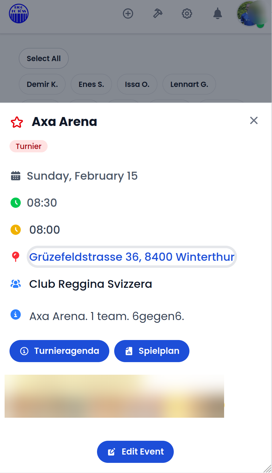 Event detail view with tournament info, location link, and squad selection avatars