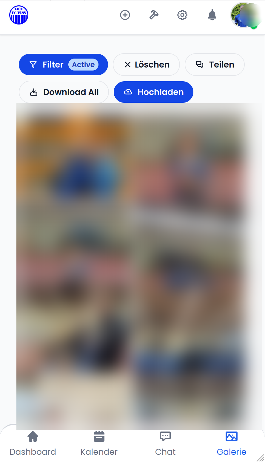 Photo gallery with filter, share, download all, and upload buttons